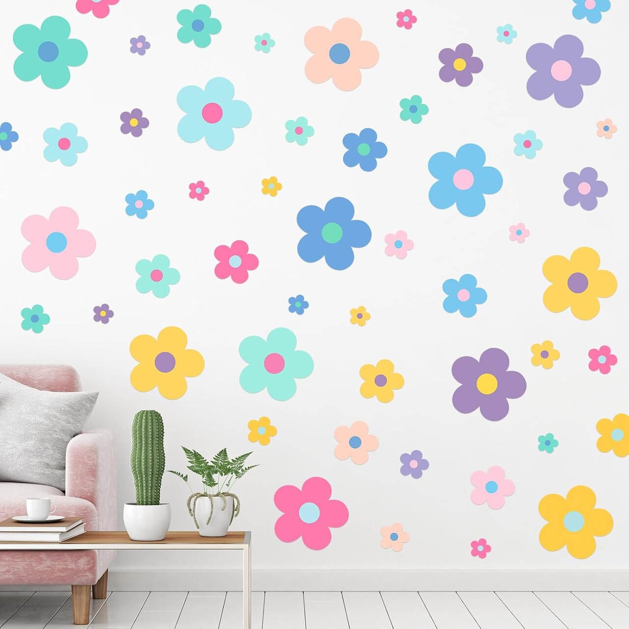 288 Pcs Y2k Cute Flowers Wall Sticker Colorful Floral Wall Decal (9.1 x 11.4 Inch,Elegant Colors)